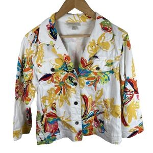Appleseeds‎ Womens Small Floral Denim Jacket White Multi Abstract 3/4 Sleeve